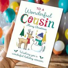 1pc Festive Christmas Card For Cousin - "To A Wonderful Cousin Merry Christmas" Greeting With Reindeer, Snowman & Holiday Decorations - Perfect Family Gift For Winter Celebrations, Holiday Greeting Card|Playful Design|Paper Christmas Card, Christmas Cards