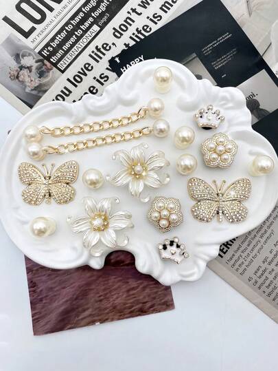16pcs Detachable Shoe Accessories - ABS Pearl Chain, White Crystal Crown, Gold Crystal Butterfly, White ABS Pearl Flower, Suitable For Women's Sandals, Slippers, Beach Bags, Great For Holidays And Birthday Party Gifts