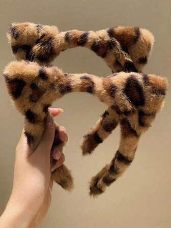 2 件女士豹纹毛绒猫耳头带，甜美可爱休闲日常佩戴，咖啡色，秋冬，成熟豹纹毛绒猫耳头带，动物装饰日常佩戴，动物印花，发带，发箍