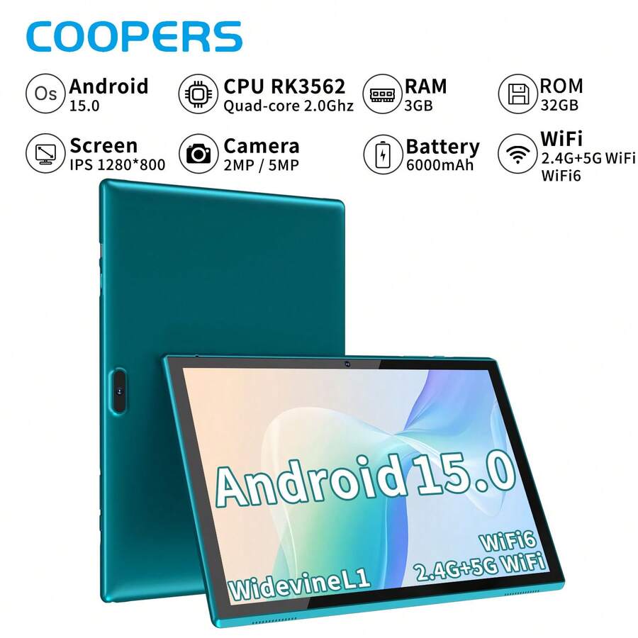 Coopers Android 15 Tablet, 10.1 Inch WIFI Tablet PC, 3GB RAM, 32GB ROM, Support 1TB Expandable, Quad-Core, 2.4G+5G WiFi, Dual Band WiFi6, HD IPS Screen, 2MP + 5MP Dual Camera, 1280 * 800 IPS HD Touch Screen, 6000mAh Battery, Support Widevine L1(No Adapter) - Green - View 1