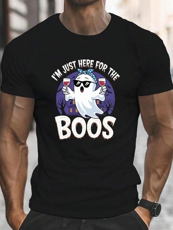 Men's I'Just Here Boos Halloween Graphic-Shirt -% Cotton Casual Crew Neck Short Sleeve Tee With & Bat Print, Lightweight 180gsm Regular Fit Unisex Top Summer & Spooky Season
