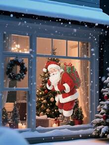 1 szt. Naklejka na okno z motywem Świętego Mikołaja – statyczna dekoracja świąteczna, odpowiednia do domów, drzwi, szkła – dekoracja świąteczna do wnętrz, śnieżna zimowa sceneria, wspaniały prezent na święta Bożego Narodzenia, dodająca świątecznej atmosfery Twojemu domowi