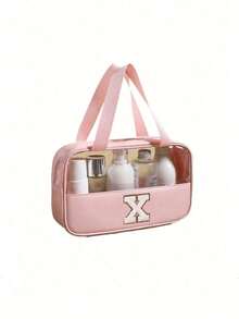 1 pièce Sac de maquillage organisateur en PVC transparent, design de lettre, sac de maquillage portable et imperméable, sac de toilette minimaliste avec patch initial, cadeau pour maman, sac de plage, accessoires de plage, serviette de plage, fournitures de plage, sac de vacances, indispensable pour les vacances d'hiver et d'automne, cadeau de la Saint-Valentin