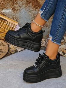 Women's Outdoor Lace-Up Platform Sneakers, Solid Color Casual Wedge Thick Sole Comfortable Athletic Shoes, Fashion Versatile Elevator Shoes