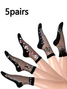 5 Pairs Women Thin Floral Print Mid-Calf Socks, Soft, Breathable, Non-Slip, Suitable For Daily Wear, Summer/Fall