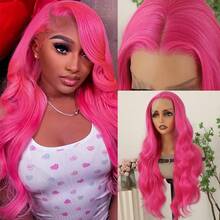 13X4 Free Part Ombre Pink Body Wave Synthetic Lace Front Wigs For Women 28 Inch Long Wavy Hair Wigs Glueless Soft Pink Ombre Colored Wigs Heat Resistant Christmas Wig Natural Long Wave Lace Front Wigs For Daily Party Cosplay Use - 玫紅色 - 查看 2