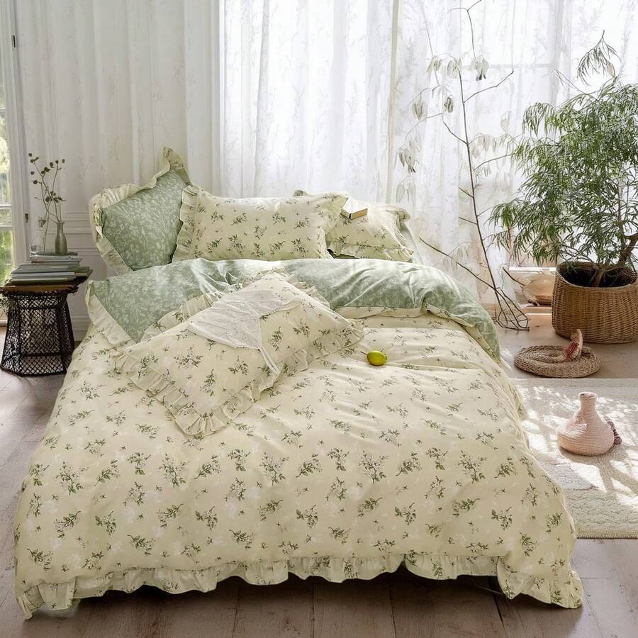 Vclife Vintage Floral Comforter Set Four Sizes, All Seasons Muslin Cotton Bedding Set, 3 Pieces Farmhouse Shabby Chic Jacquard Floral Comforter Set Perfect For Women And Men - 胖被套裝-茶藝師 - 查看 1