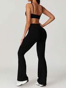 MASKERT 女士休闲紧身瑜伽背心长裤套装，高弹力跑步运动套装，黑色瑜伽服套装 - 黑色 - 查看 2