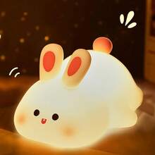 Cute Bunny Nursery Light, Easter Rabbit Squishy Silicone Touch Night Lamp Rechargeable, Kawaii Animal Toddler Room Decor Table Lamp, Child Girl Women Birthday Gift - 大臉兔 - 查看 9