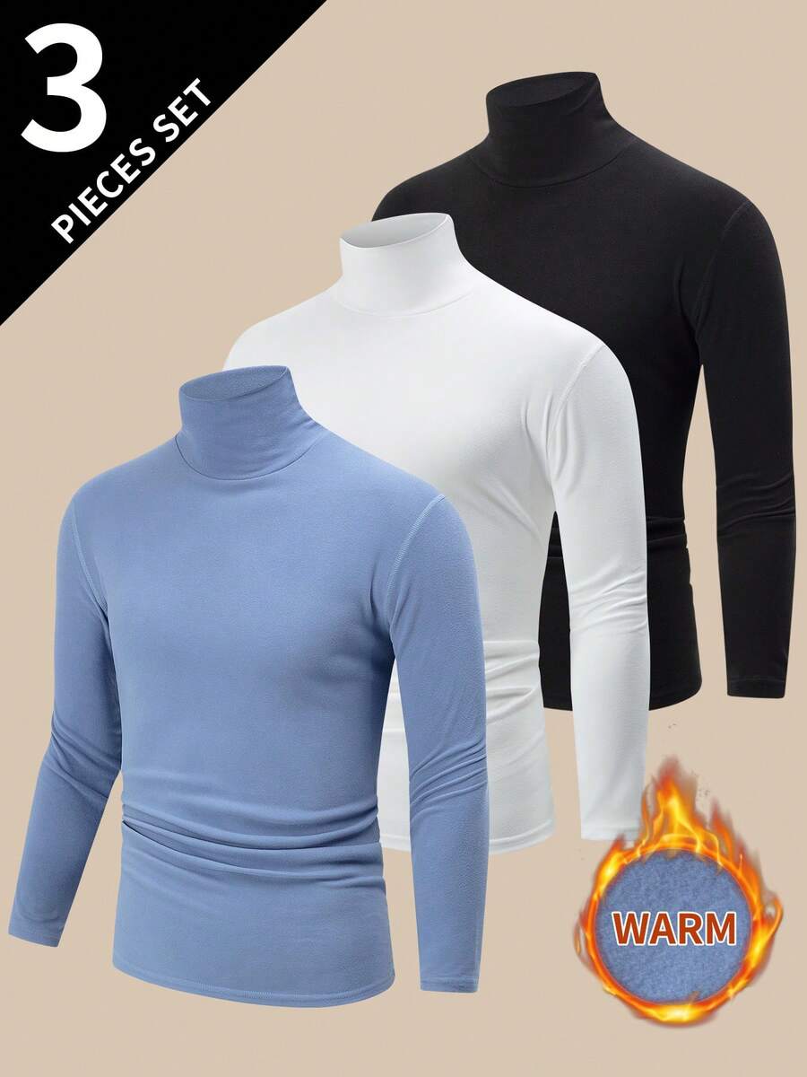 3 Peças Camisetas de Gola Alta de Manga Longa com Flanela Dupla Face para Homens, Suéter Casual Quente de Outono/Inverno Camiseta Térmica