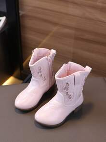 1双女童闪亮中筒粗跟复古西部牛仔切尔西靴，公主街头时尚踝靴 - 粉色 - 查看 6