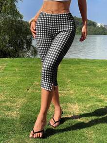 Women's Retro Skinny Fit Gingham Capri Pants With Delicate Lace Trim Side Slit Comfortable Cropped Trousers For Casual Daily Outfits - 黑色 - 查看 4