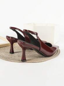 女士酒红色高跟鞋，尖头露跟高跟礼服鞋，漆皮细高跟鞋，猫跟，优雅 - 酒紅色 - 查看 6