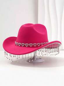1PC Unique British Style Elegant Cowboy Hat For Men And Women, With Heart-Shaped Diamond Hat Chain, Tassel-Shaped Pendant, Bohemian Style Wide Top Hat, Colorful And Vibrant, Suitable For Western Theme Events, Role Play, Graduation, Graduation, Masquerade, Masquerade, Wedding, Celebration, Halloween Party