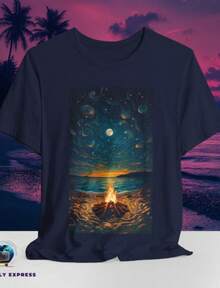 Camping Bonfire Beach Shirt _ Night Fire Pit Graphic T-Shirt _ Summer Camp Coastal Adventure Apparel