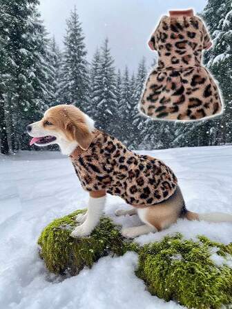 1 st. leopardmönstrad fleeceklänning för hundar, söt leopardmönstrad plyschprinsessa, hundklänning - vintervarm fleecekläder för små hundar, flickvalpar och katter | Mjuka och mysiga valpkläder, moderiktig husdjursoutfit