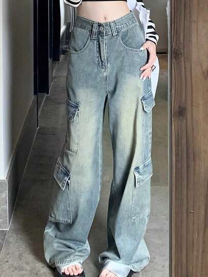 Americana retro de cintura alta dulce estilo fresco diseño de mezclilla ropa de trabajo de pierna ancha pantalones de las mujeres de alta calle Pantalones de Mujer