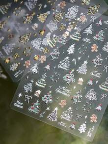 1张烫金银色圣诞树5D美甲贴纸，带雪人蝴蝶结星星冬季仙境设计，适用于圣诞节美甲装饰 - 彩色 - 查看 3