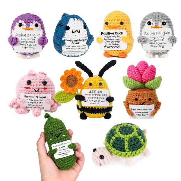 Plush Positive Shark Gift, Creative Crochet Desktop Decoration Ornaments, Mini Cute Crocheted Positive Penguin Duck With Positive Card, Birthday Party, Graduation Gift, Encourage Friends, Christmas Stocking Stuffer Gift