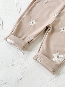 Baby Girls' Casual All-Over Embroidered Floral Light Blue Suspender Pants, Summer