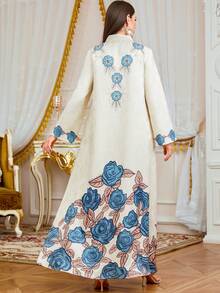 女士穆斯林长袍，优雅浪漫 V 领印花串珠长袍，伊斯兰全长长袍，适合度假、约会、休闲日常穿着 - 杏色 - 查看 3