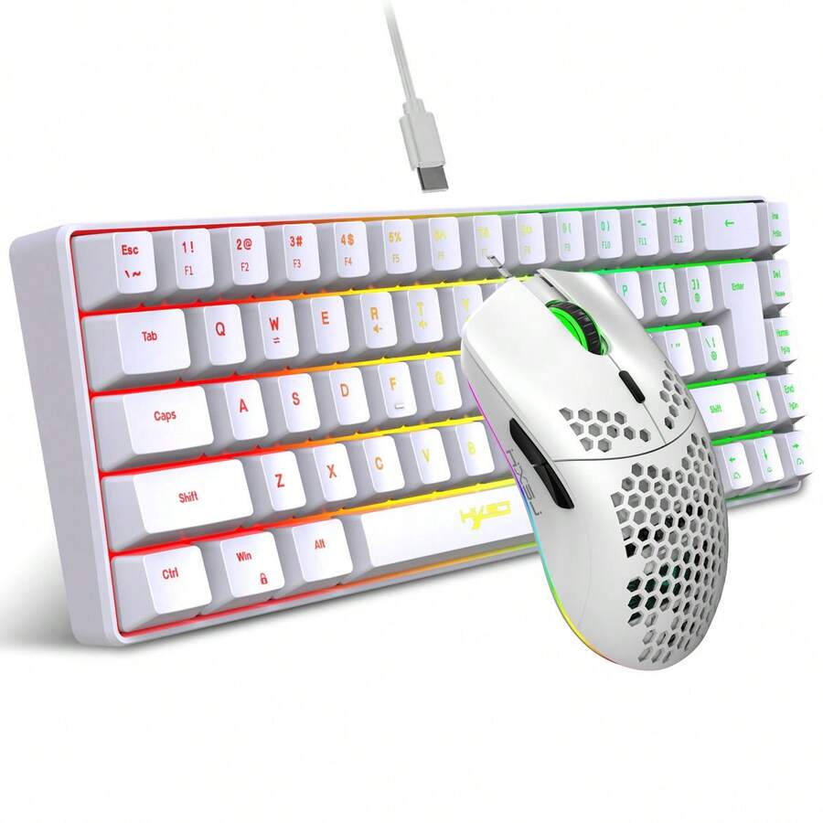HXSJ Wired Keyboard And Mouse Combo, 68-Key Membrane Keyboard, Black & White Dual-Color RGB Backlight, USB Plug & Play, ABS Material, Suitable For Home, Office And Gaming (Model: V200 + J900) - 白色 - 查看 1