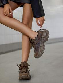 DareSee [Runs Small 1 Size] New Brown Mesh Platform Wedge Sneakers, Women's Casual Breathable Chunky Sneakers, Leather Patchwork Fashion Personalized Student Shoes, Women's Miraflores Style Street Snap Outdoor Shoes Winter Gifts - Brown Mesh - View 7