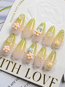 24片/盒 绿色渐变山茶花法式水滴美甲贴纸，包含1瓶果冻胶和1个指甲锉，适合女性和女孩使用。