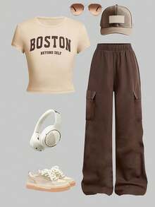 2pcs/Set Girls 8-11 Years Old, Round Neck Letter Print Cropped Top + Casual Fashion Cargo Pants Set, Elegant & Chic Style, Suitable For Vacation And Daily Outings