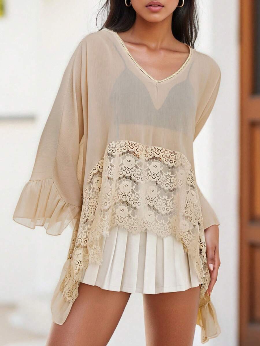 Womens Y2K Lace Patchwork Frill Poncho Tops Solid Color See Through Batwing Sleeve V Neck Ruffle Hem Loose Fit Sheer Mesh T Shirts Blouses Boho Peplum Shawl Shirts Summer Going Out Tops Beach Cover Up Vacation Streetwear - 淺灰色 - 查看 1