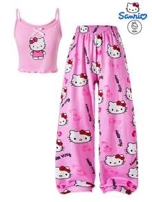 Sanrio Modny, swobodny i uroczy dwuczęściowy komplet dla dziewcząt, autoryzowany przez Sanrio, składający się z kamizelki i spodni z nadrukiem Hello Kitty, odpowiedni do noszenia w domu latem
