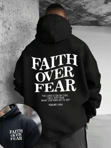 Trending Item1 PcsMen's Casual Hoodies With "FAITH OVER FEAR" Double-Side Letter Graphic Print, High Quality Retro Street Style Long Sleeve ForSkin-Friendly & Soft - 黑色 - 查看 6