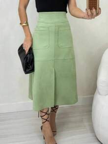WOMEN'S SUEDE SKIRT WITH ZIPPER AND POCKET. STYLE AND ELEGANCE. - Water Green - View 1
