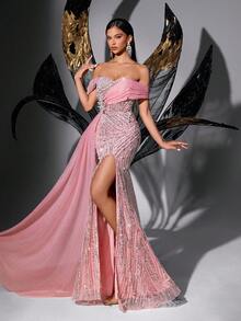 Women's Fairy-Style Pink Sequin Beaded Off-Shoulder High Slit Fishtail Evening Dress Wedding Spring - Pink - View 4