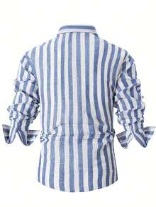 Camisa casual de manga larga con botones y cuello a rayas para hombre, versátil para cita, playa, vacaciones, regalo - Azul y blanco - Ver 2
