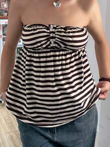 Women Y2k Tube Top Button Sleeveless Backless Strapless Bandeau Cute Aesthetic Summer Going Out Club Party Tank Tops - 咖啡棕 - 查看 1