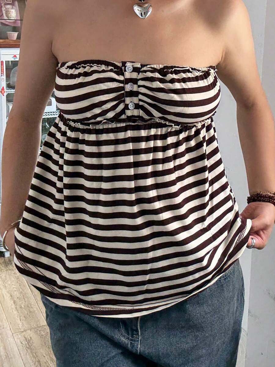 Women Y2k Tube Top Button Sleeveless Backless Strapless Bandeau Cute Aesthetic Summer Going Out Club Party Tank Tops - 咖啡棕 - 查看 1