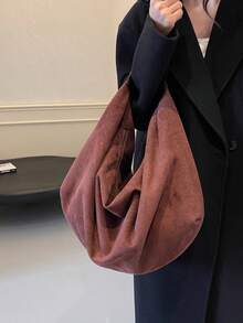 1 件大容量纯色绒面革托特包，女士休闲流浪包，时尚单肩腋下包，适合女性日常使用，秋冬热销女包，女士托特包，完美搭配秋季服装女士 - 咖啡棕 - 查看 6