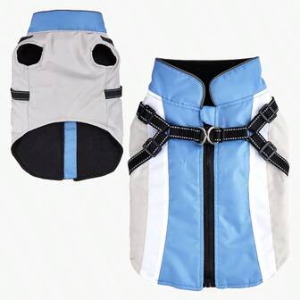 1pc Blue Patchwork Waterproof Windproof Pet Jacket, Zipper Front, Reflective Strips, Chest Harness, Outdoor Coat For Cats & Dogs, Autumn/Winter