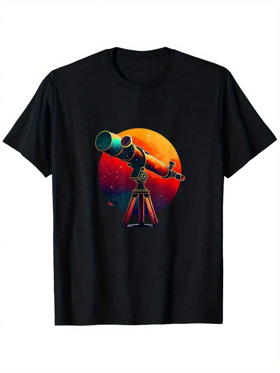 Camiseta gráfica negra para mujer Explore the Universe - Cuello redondo de algodón de 180 g y manga corta con un vibrante diseño espacial y un telescopio colorido - Camiseta con estampado astronómico suave y elegante, ideal para observadores de estrellas y entusiastas cósmicos