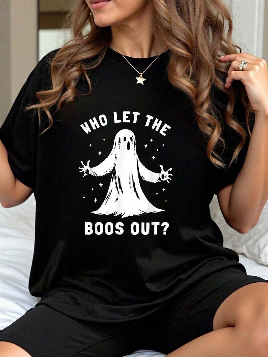 Camiseta divertida de Halloween con fantasmas y espíritu de equipo, tops de verano, top informal de manga corta y cuello redondo para verano y primavera, ropa para mujer - Negro - Ver 1