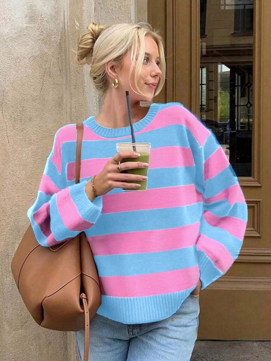 秋季条纹宽松套头毛衣，圆领落肩宽松版型复古韩版休闲毛衣，轻松舒适，适合返校、圣诞节、新年、情人节等场合。 - 藍色 - 查看 1