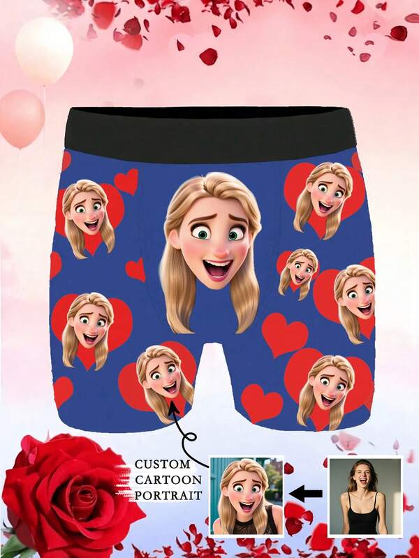 1 Stück personalisierte Herren-Boxershorts, eine individuelle Unterwäsche mit bedrucktem Cartoon-Dekor. Sie können Ihre eigenen Bilder hinzufügen, um exklusive Unterwäsche zu erstellen. Es ist ein ideales Geschenk für Ihren Ehemann oder Freund, auch ein Geschenk zum Valentinstag.