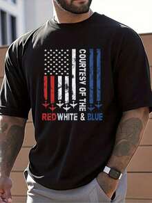 Men's Patriotic American Flag Print T-Shirt - 100% Cotton Super Soft Breathable Moisture-Wicking, Regular Fit Round Neck Short Sleeve For Gym Running Camping, All-Season Casual Wear, Perfect 4th Of July Memorial Day Gift, American Flag T-Shirt, Holiday Outfit, Graphic Tee, Comfortable Fit, Lightweight Top, Holiday Shoppers - 黑色 - 查看 1