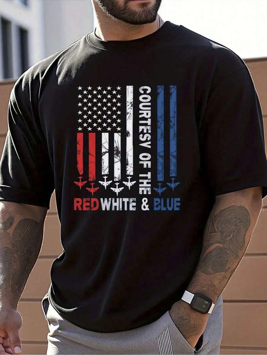 Men's Patriotic American Flag Print T-Shirt - 100% Cotton Super Soft Breathable Moisture-Wicking, Regular Fit Round Neck Short Sleeve For Gym Running Camping, All-Season Casual Wear, Perfect 4th Of July Memorial Day Gift, American Flag T-Shirt, Holiday Outfit, Graphic Tee, Comfortable Fit, Lightweight Top, Holiday Shoppers - 黑色 - 查看 1