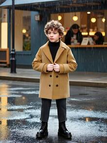 Autumn/Winter Fashion British Style Solid Color Lapel Coat Jacket For Big Kids Boys, Children Long Wool Overcoat - Khaki - View 4