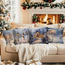 4pcs Christmas Snowy Landscape Printed Pillow Cover Set - Peach Velvet Pillow Case 45*45cm