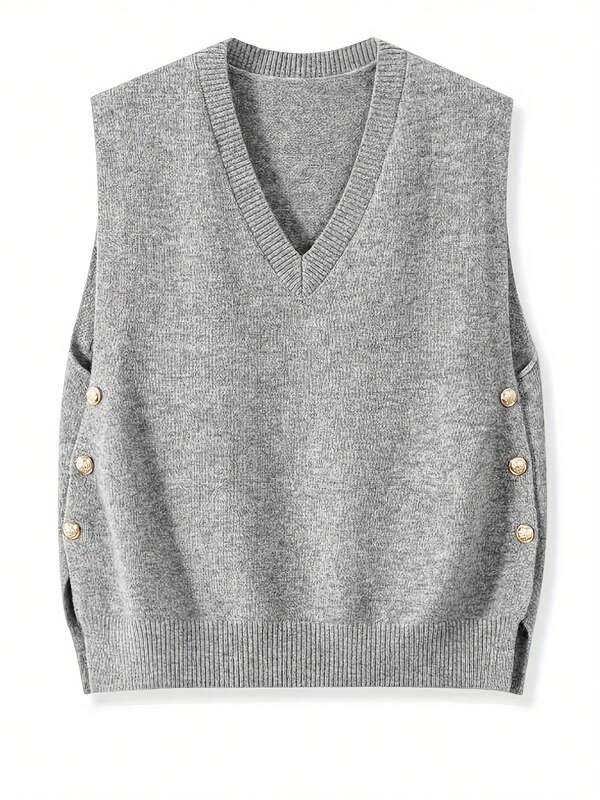Women's V-Neck Solid Color Pullover Casual Knit Sweater Vest, Spring/Autumn/Winter