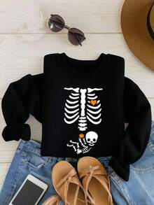 Women's Sweatshirt Print Skeleton Maternity Shirt, Halloween Pregnancy Shirt, Pregnant Skeleton Tee, Halloween Maternity Shirt, Funny Pregnant Shirt, Autumn   Women Top Graphic Tees Stylish Summer T-Shirt For Women Casual Designer Clothes Print Round Neck Short Sleeve - 黑色 - 查看 4