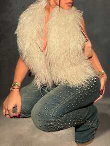 Women's Sexy Backless Faux Fur Vest Jacket With Deep V-Neck And Tie Back, Suitable For Autumn/Winter - Khaki - View 5